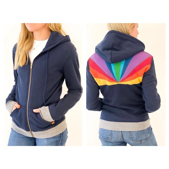 Aviator Nation Tops - Aviator Nation Sunburst Rainbow Hoodie Sweatshirt Full Zip Navy Blue Sz S RARE!!